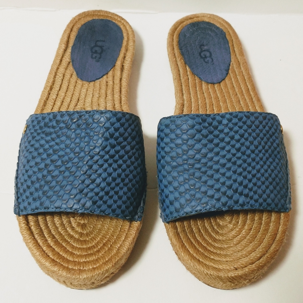 UGG Cherry Exotic Slide Espadrille Flat Open Toe leather Sandals Size 6 Blue